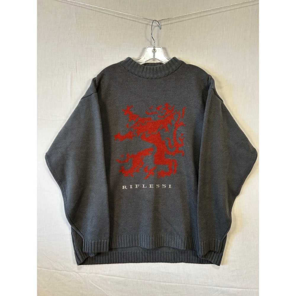 Riflessi Mens Gray Red Lion Crest Graphic Wool Blend Mock Neck Sweater Medium
